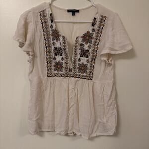 American Eagle Lightweight Cream Gauze Flouncy Sleeves Embroidered Top Size Sm